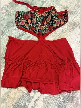 Women’s Plus Size 5XL Red 3pc Swimsuit Set Peekaboo One Piece Style w/ Shorts